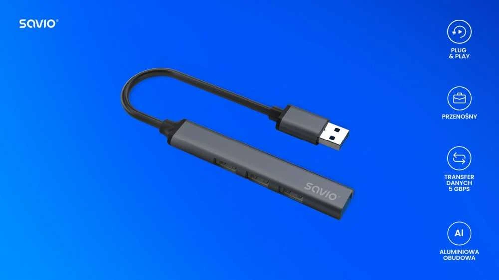 USB adapteriai – Savio AK-70 3 × USB-A 2.0, 1 × USB-A 3.1 Gen 1, 4 viename, 5 Gbps
