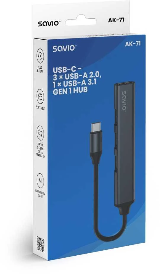 USB adapteriai – Savio AK-71 3 x USB-A 2.0, 1 x USB-A 3.0, 4 viename, 5 Gbps