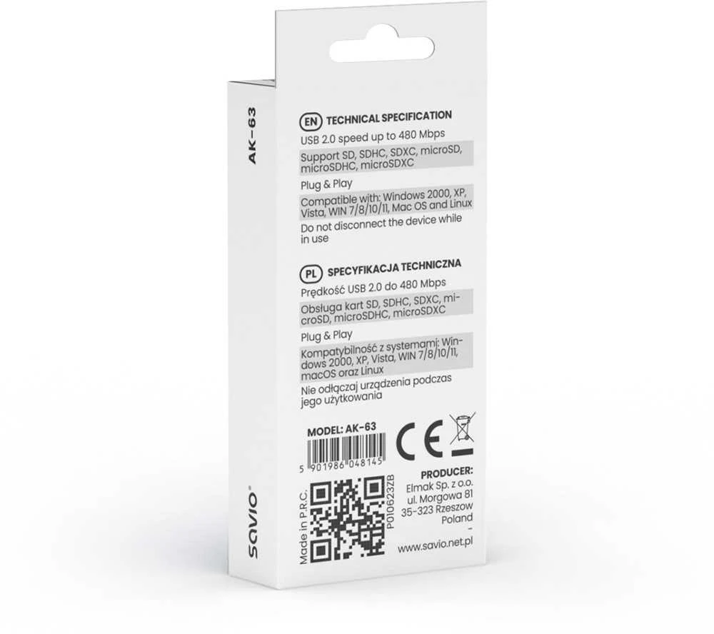 Savio Skaitytuvas kart SD, USB 2.0, 480 Mbps, AK-63