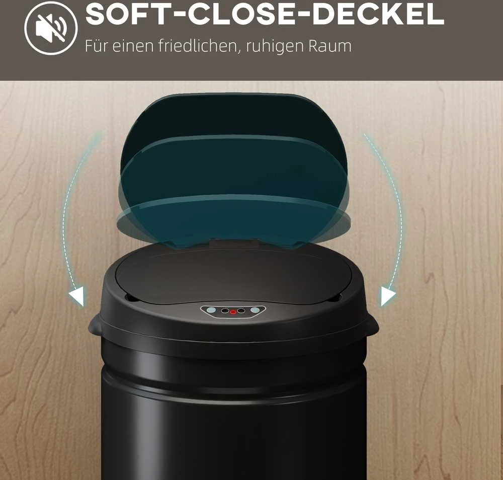 HOMCOM 30 litrų sensorinė šiukšliadėžė su „Soft-Close“ funkcija, bekontaktė šiukšliadėžė iš nerūdijančio plieno higieniškai virtuvei