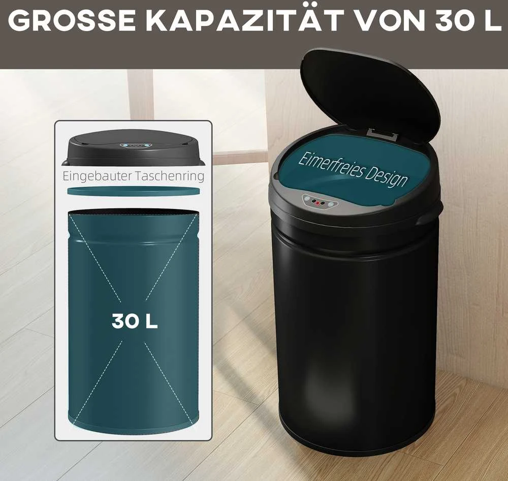 HOMCOM 30 litrų sensorinė šiukšliadėžė su „Soft-Close“ funkcija, bekontaktė šiukšliadėžė iš nerūdijančio plieno higieniškai virtuvei