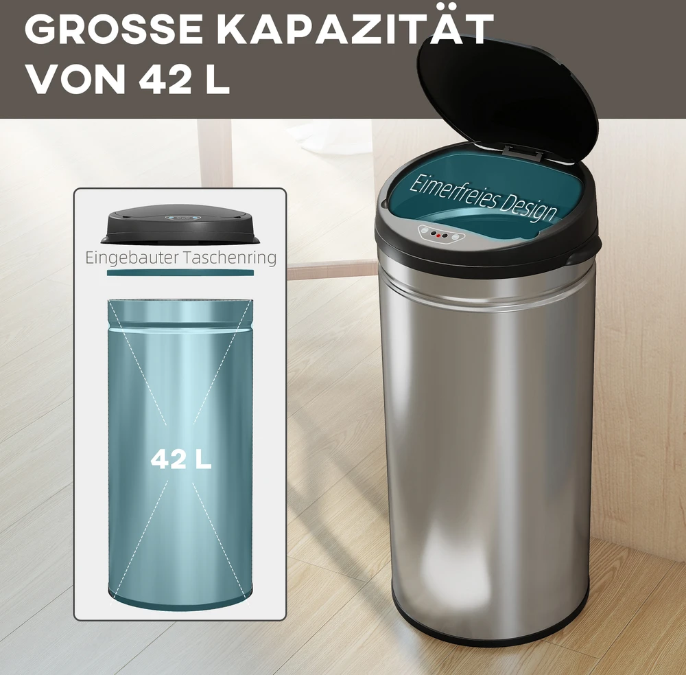 HOMCOM 42 litrų sensorinė šiukšliadėžė su švelnaus uždarymo funkcija, bekontaktė nerūdijančio plieno šiukšliadėžė higieniškai virtuvei
