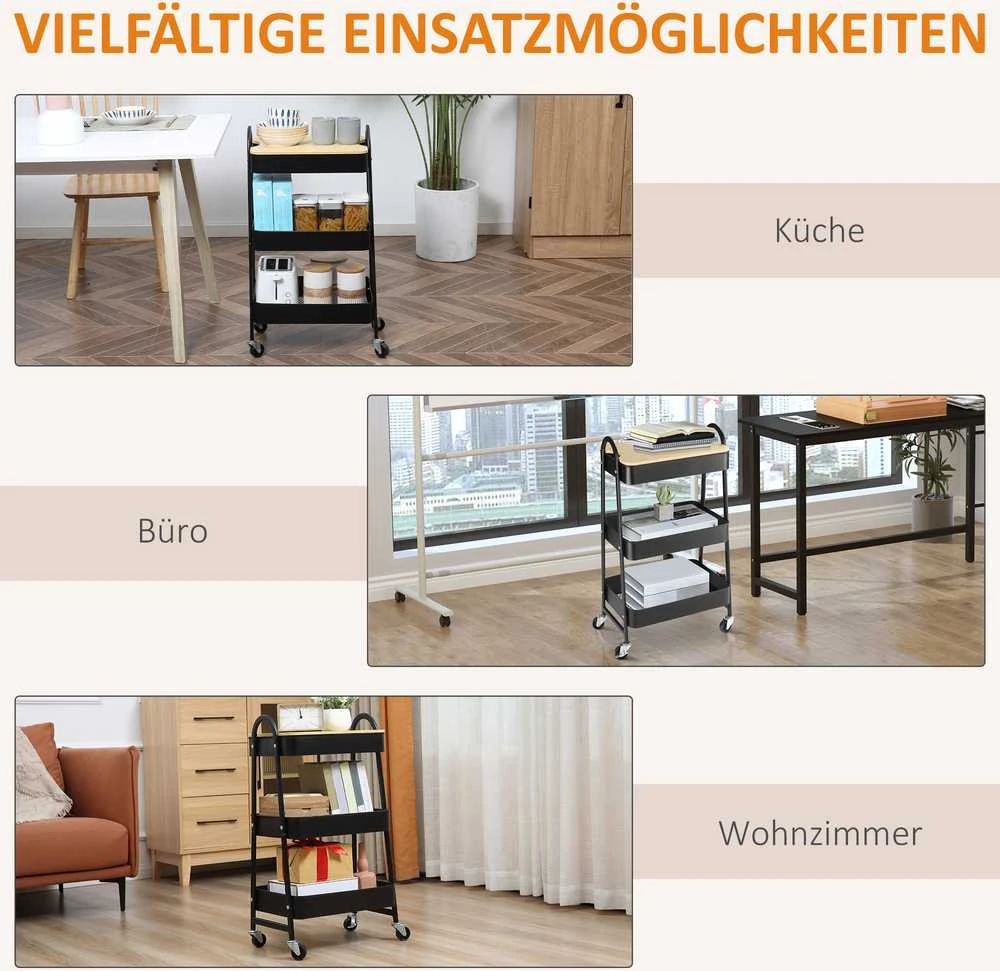 HOMCOM vežimėlis, serviravimo vežimėlis su 3 krepšiais, metalinis, plastikinis, juodas