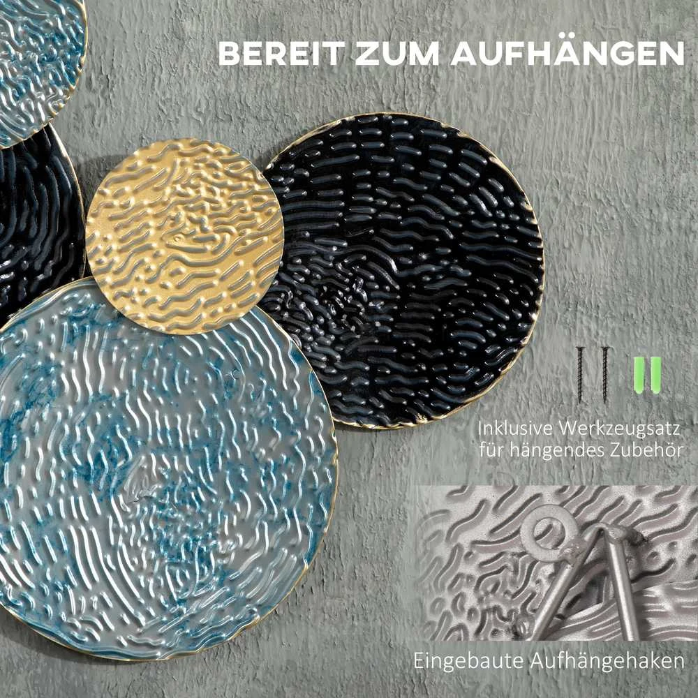 HOMCOM 3D sieninis paveikslas metalinis paveikslas, sieninė skulptūra, svetainės menas, modernus, 121x53 cm, auksinė, juoda, mėlyna
