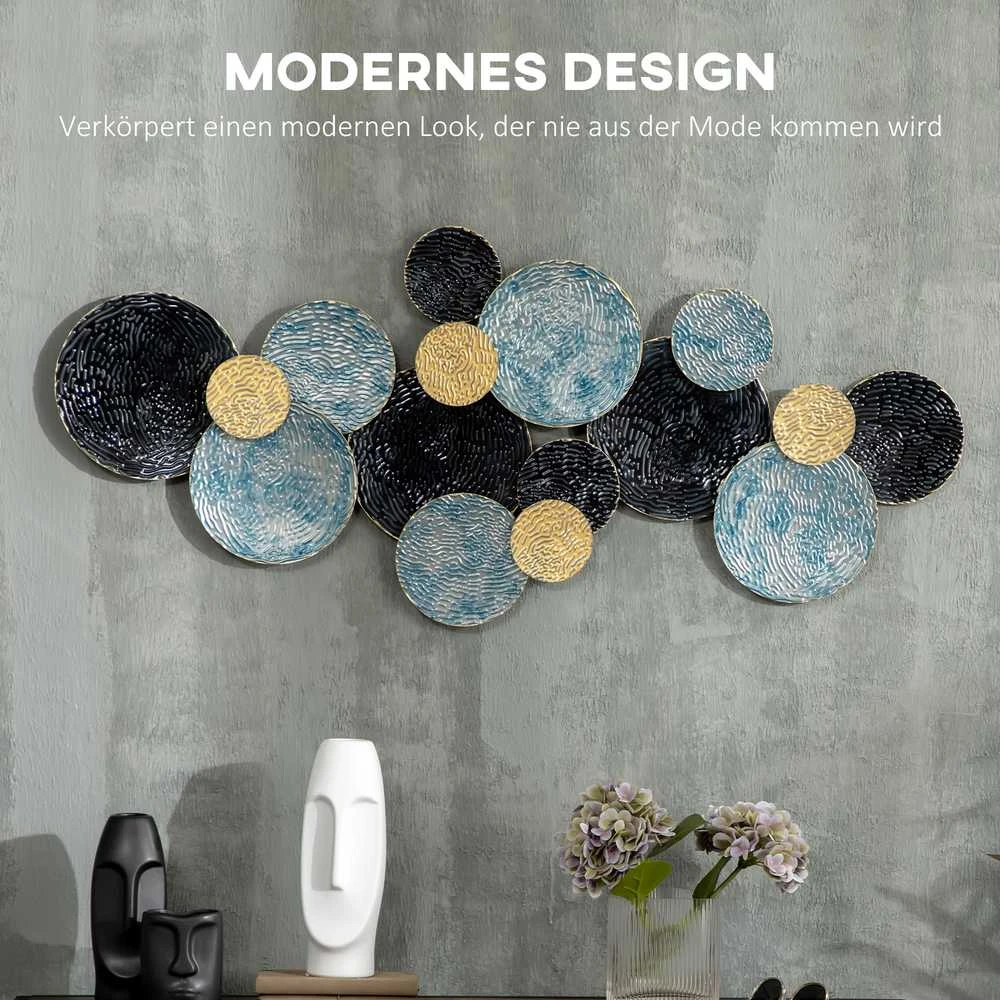 HOMCOM 3D sieninis paveikslas metalinis paveikslas, sieninė skulptūra, svetainės menas, modernus, 121x53 cm, auksinė, juoda, mėlyna
