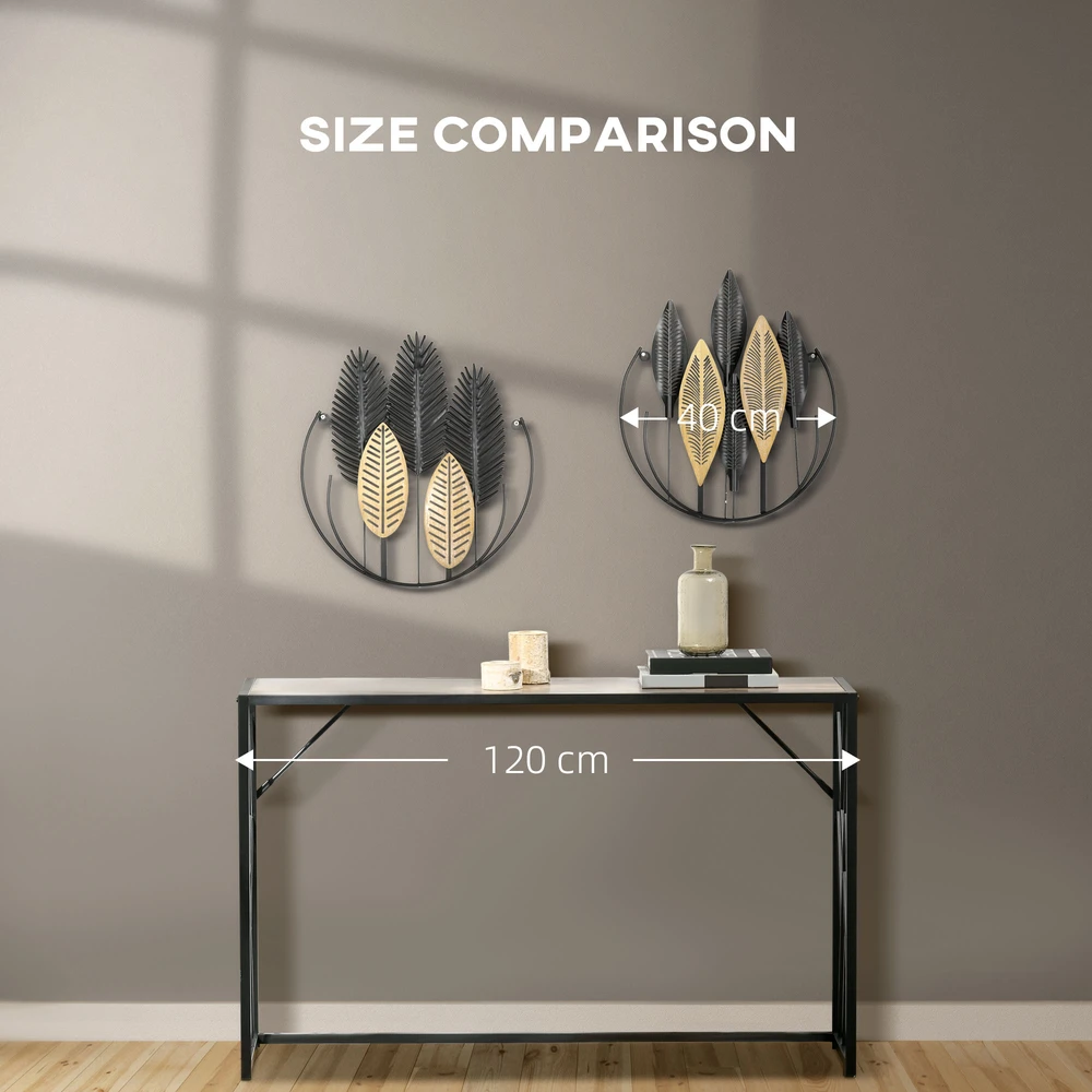 HOMCOM 3D sienos dekoracija iš metalo, 2 vnt. rinkinys, lapų motyvas, modernus sienų papuošalas, svetainės menas, juoda ir natūrali spalva, 40x46 cm
