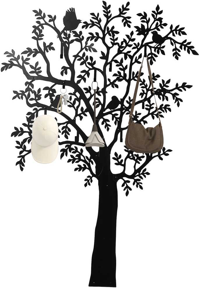 HOMCOM Kabyklos Sieninė kabykla medžio formos su 4 paukščiais Kabyklos juosta su 8 kabliukais Sienų apdaila striukėms, paltams, skrybėlėms, šalikams, rankinėms, 120 x 175 cm, juoda