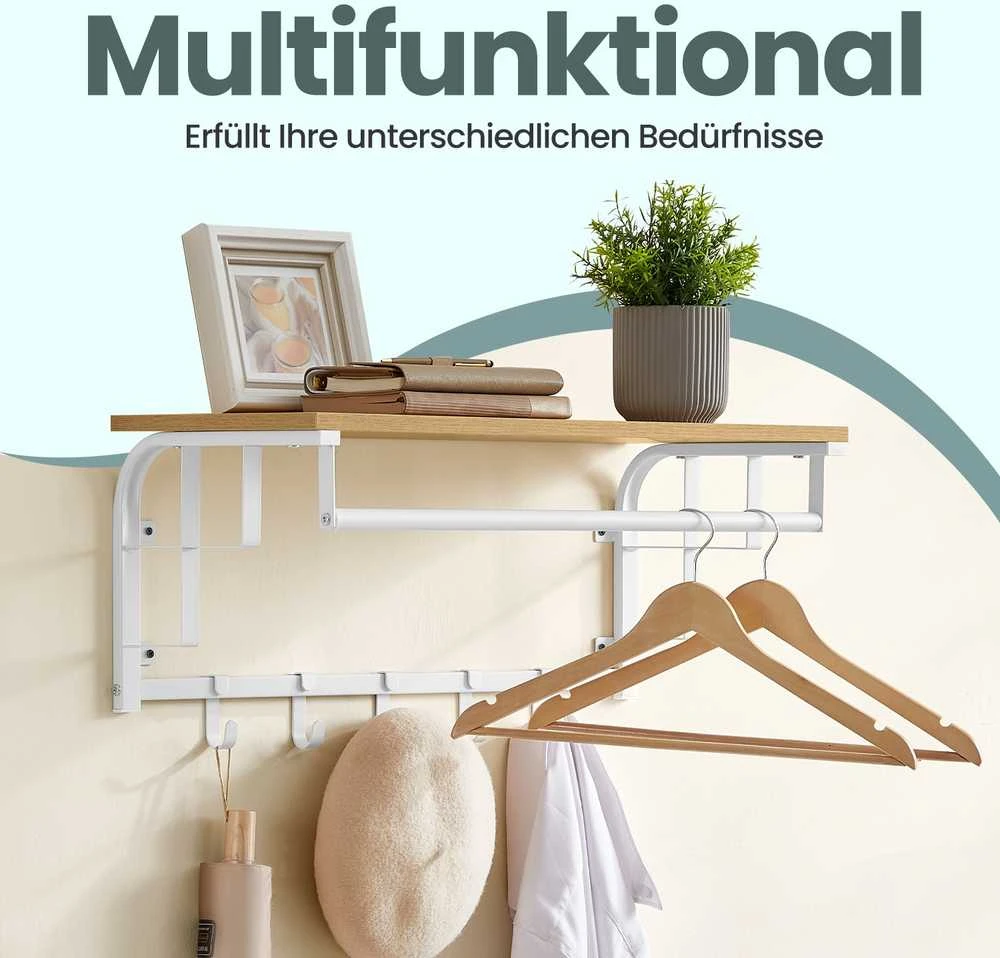 Songmics VASAGLE sieninis kabykla su lentynėle, sieninė lentynėlė, sieninė kabykla su pakabinama strypu