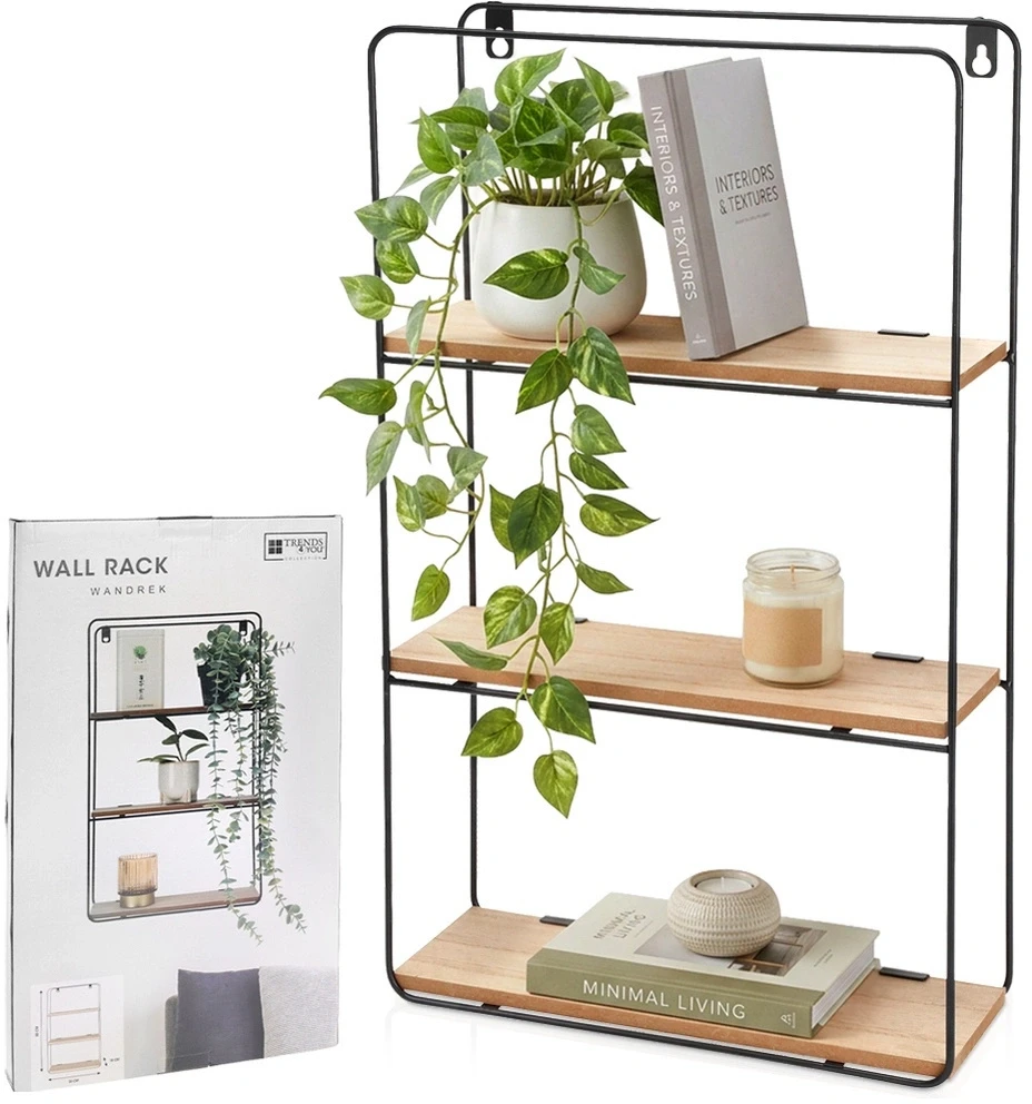Home Styling Collection Sieninė metalinė lentyna, 3 lygių, juoda, 30 x 10 x 50 cm