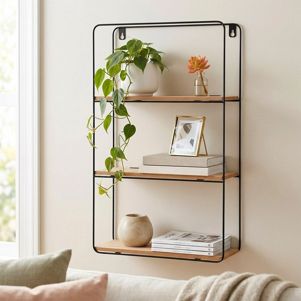 Home Styling Collection Sieninė metalinė lentyna, 3 lygių, juoda, 30 x 10 x 50 cm