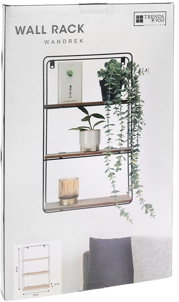 Home Styling Collection Sieninė metalinė lentyna, 3 lygių, juoda, 30 x 10 x 50 cm