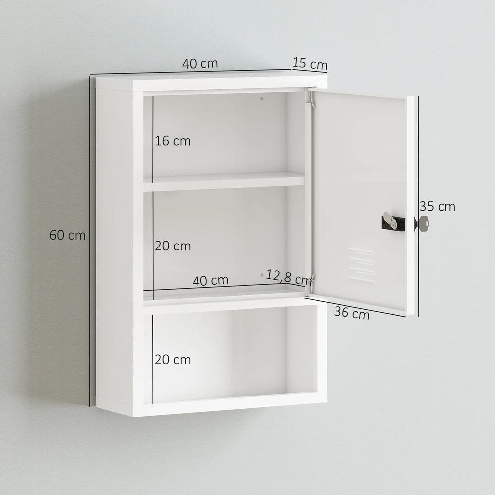 Sieninė vaistinėlės spintelė su mechanine ir kodine spynomis, balta, 40 x 15 x 60 cm