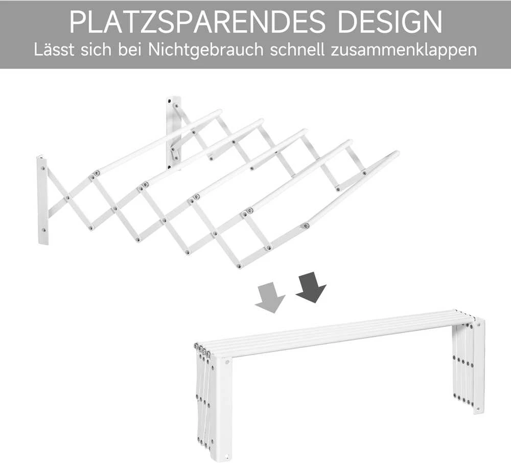 HOMCOM sieninis drabužių džiovintuvas, taupantis vietą, bendras džiovinimo ilgis 57,5 cm, skirtas naudoti viduje ir lauke, metalinis, baltas, 63,5 x 60 x 20 cm