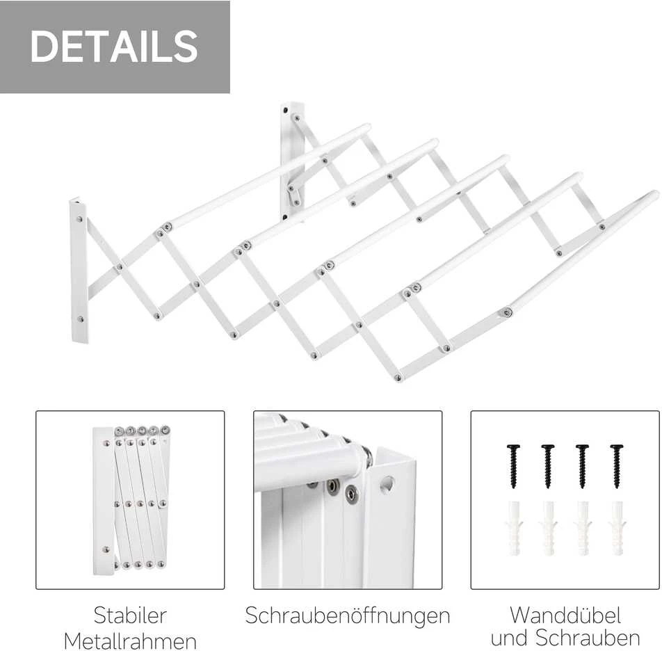 HOMCOM sieninis drabužių džiovintuvas, taupantis vietą, bendras džiovinimo ilgis 57,5 cm, skirtas naudoti viduje ir lauke, metalinis, baltas, 63,5 x 60 x 20 cm