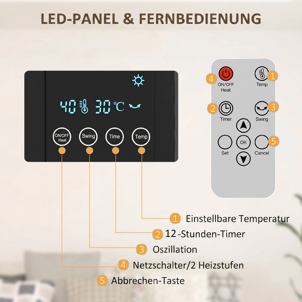 Sieninis elektrinis šildytuvas su PTC kaitinimo elementais ir svyravimo funkcija, pilkas, 54,5 x 12 x 21,5 cm