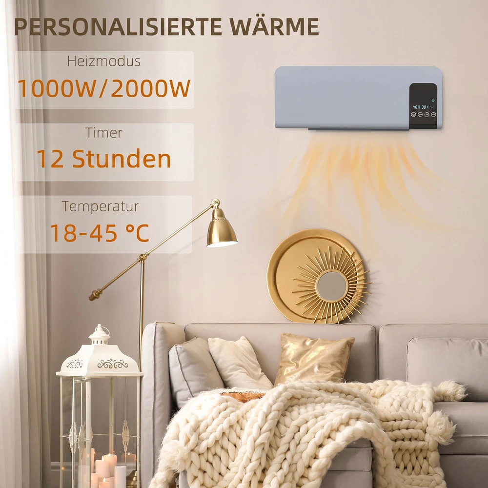 Sieninis elektrinis šildytuvas su PTC kaitinimo elementais ir svyravimo funkcija, pilkas, 54,5 x 12 x 21,5 cm