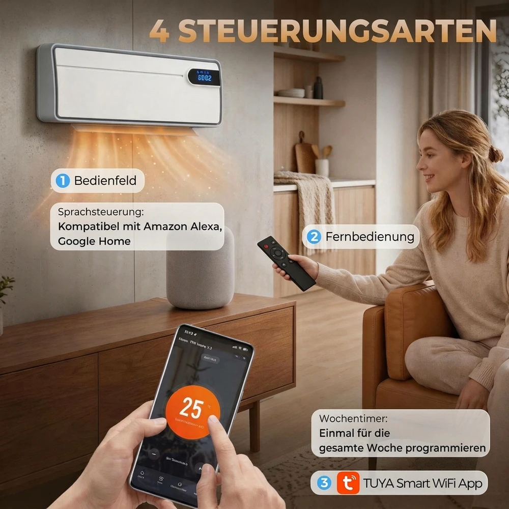 Sieninis elektrinis šildytuvas su PTC keraminiu kaitinimu ir Wi‑Fi, baltas, 50 × 14,5 × 19 cm