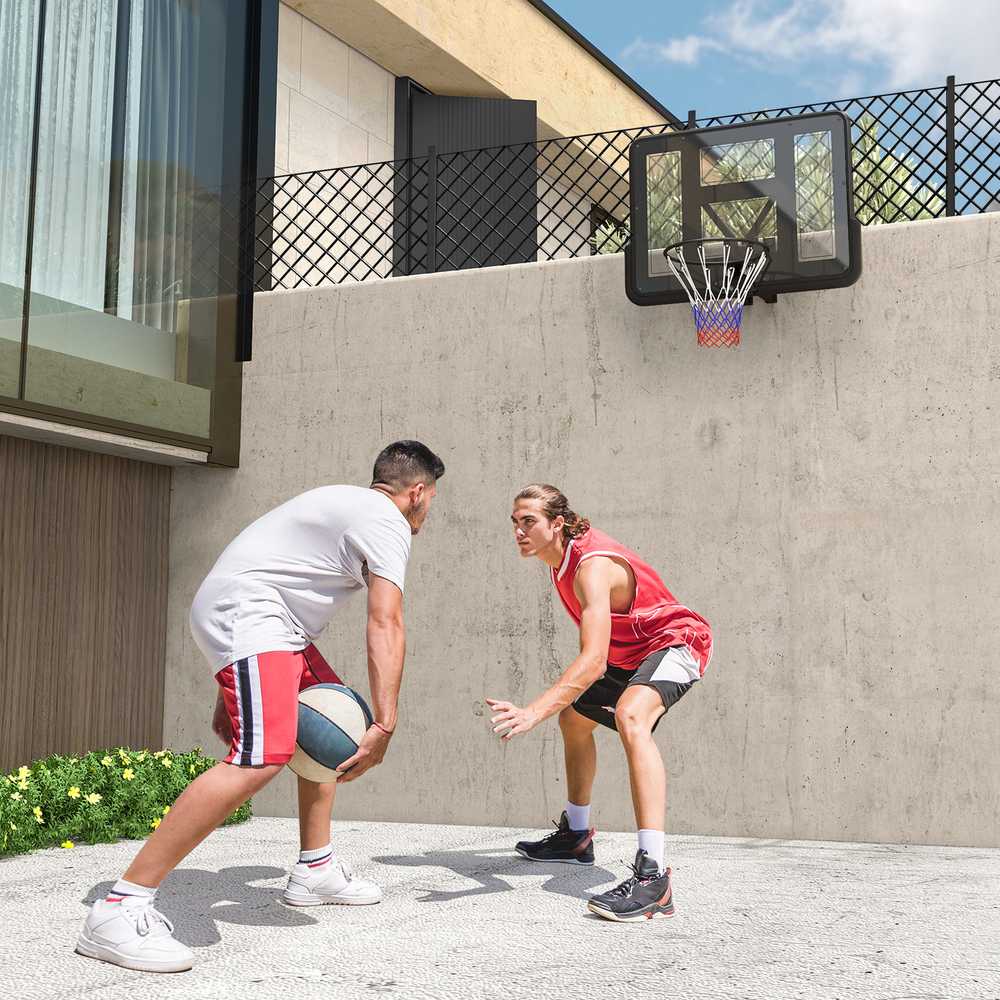 SPORTNOW krepšinio lenta su lanku, skirta naudoti lauke ir patalpose, Ø45 cm plieno lankas su tinkleliu, tvirtinama prie sienos, krepšinio lenta suaugusiems, juoda