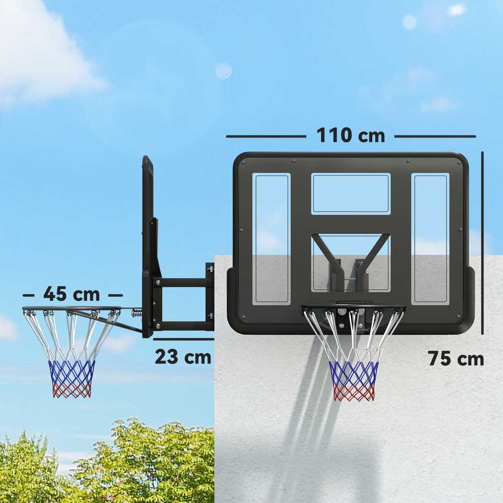 SPORTNOW krepšinio lenta su lanku, skirta naudoti lauke ir patalpose, Ø45 cm plieno lankas su tinkleliu, tvirtinama prie sienos, krepšinio lenta suaugusiems, juoda
