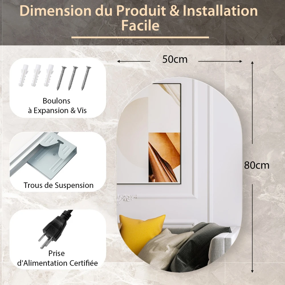 Sieninis LED veidrodis 80 x 50 cm