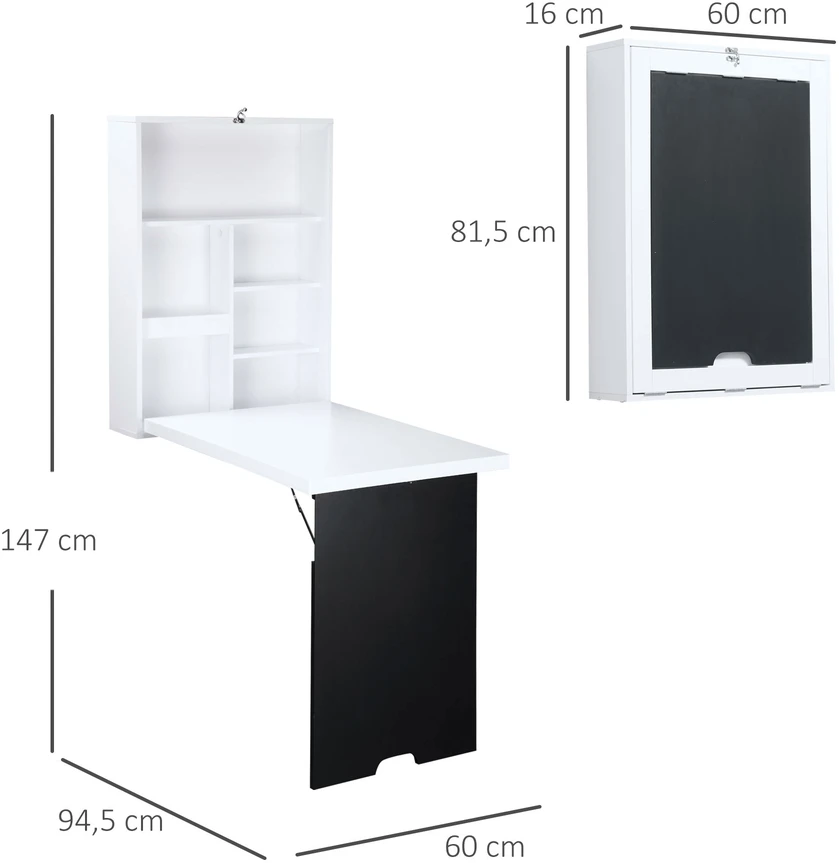 HOMCOM Sieninis rašomasis stalas Sulankstomas rašomasis stalas 5 skyriai Balta+juoda lenta 60x94.5x147cm