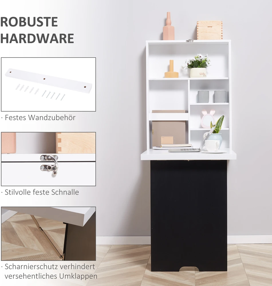 HOMCOM Sieninis rašomasis stalas Sulankstomas rašomasis stalas 5 skyriai Balta+juoda lenta 60x94.5x147cm
