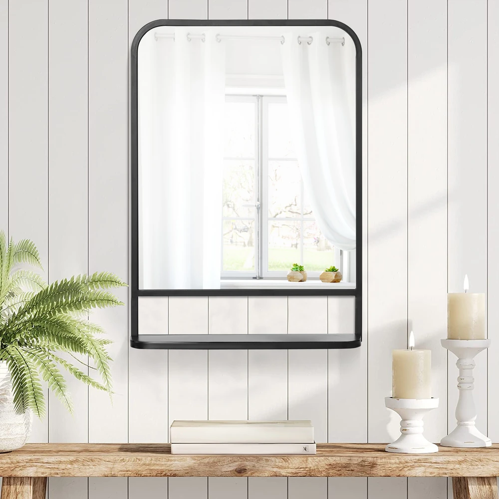 Sieninis veidrodis HOMCOM su lentyna, 70x50 cm, modernus, elegantiškas, svetainei, stačiakampis, juodas