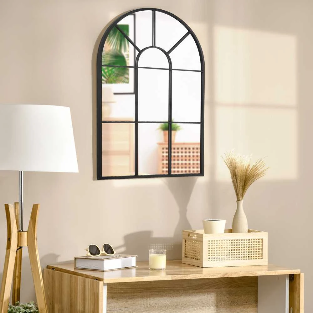 HOMCOM sieninis veidrodis arkiniu lango rėmu 91x60 cm, metalinis rėmas, stiklas, svetainei, miegamajam, valgomajam, koridoriui, juodas