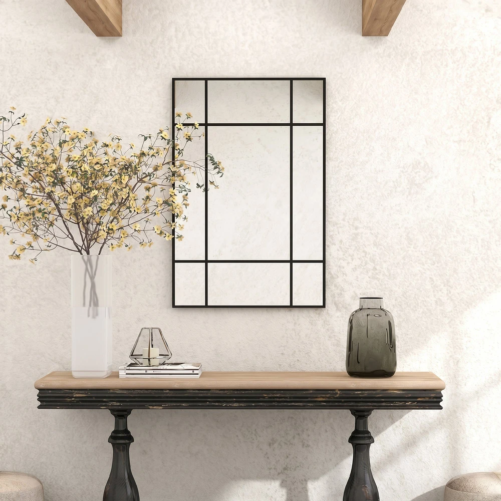 Sieninis veidrodis su metaliniu rėmu ir 9 laukelių tinkleliu, juodas, 90 × 60 × 2 cm
