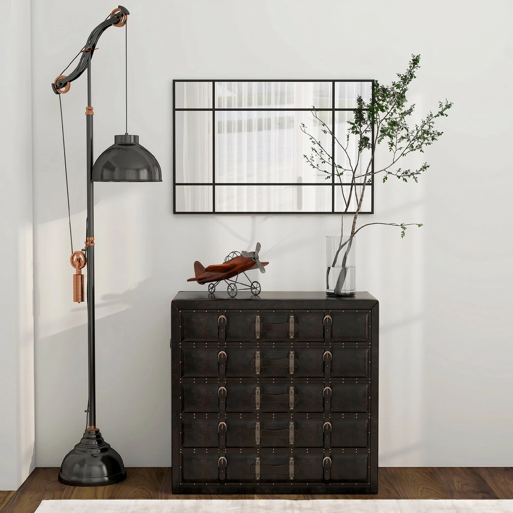 Sieninis veidrodis su metaliniu rėmu ir 9 laukelių tinkleliu, juodas, 90 × 60 × 2 cm