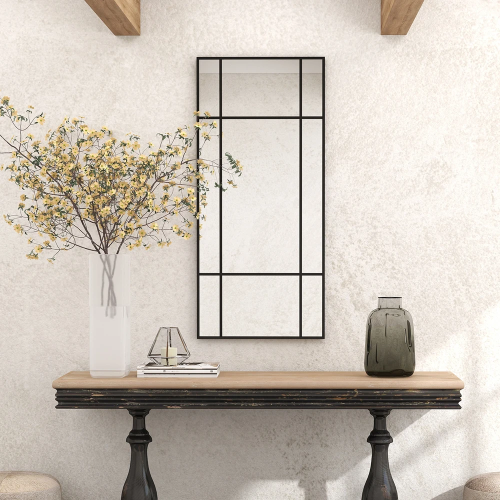 Sieninis veidrodis su metaliniu rėmu, juodas, 50 x 2 x 110 cm