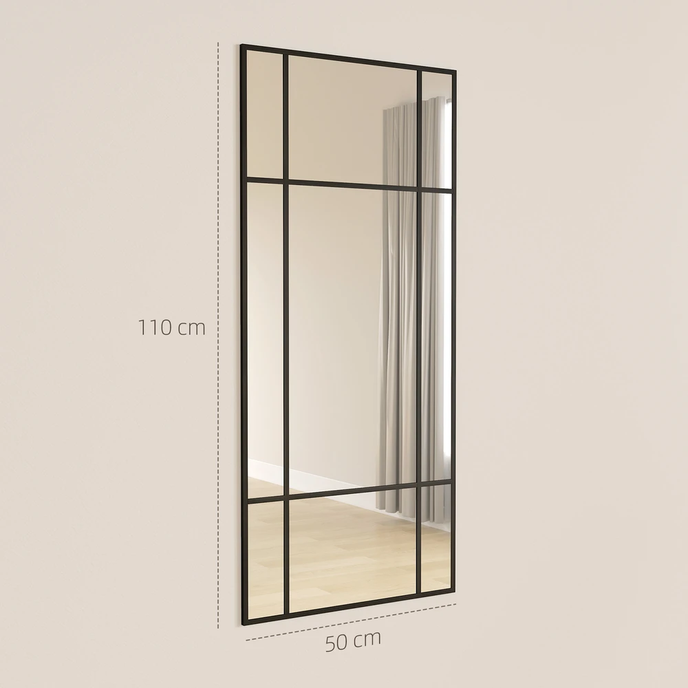 Sieninis veidrodis su metaliniu rėmu, juodas, 50 x 2 x 110 cm
