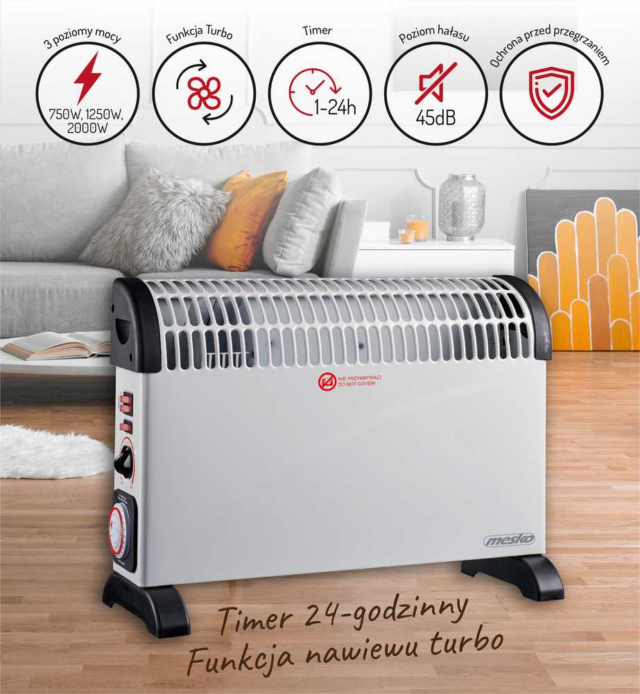Mesko | Konvektorius šildytuvas su laikmačiu ir turbo ventiliatoriumi | MS 7741w | Konvekcinis šildytuvas | 2000 W | Galios lygių skaičius 3 | Baltas