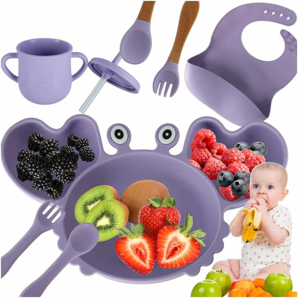 Ikonka Vaikiški silikoniniai indai krabas, 9 vnt., violetinės spalvos