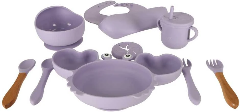 Ikonka Vaikiški silikoniniai indai krabas, 9 vnt., violetinės spalvos
