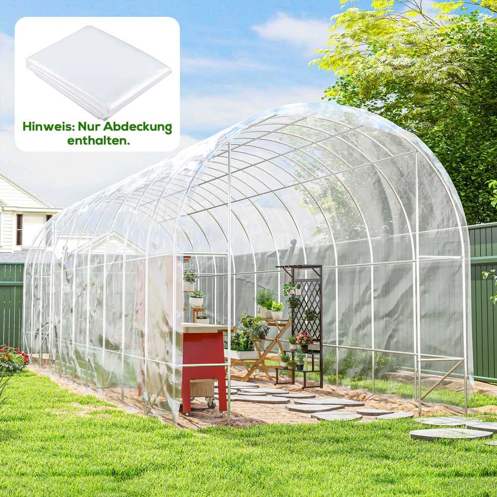 Outsunny šiltnamio plėvelė 8x10 m, vandeniui atspari sodo plėvelė su UV apsauga, ypač stora, plyšimui atspari plastikinė plėvelė, uždengimas šiltnamiui, tunelinei plėvelei, skaidri