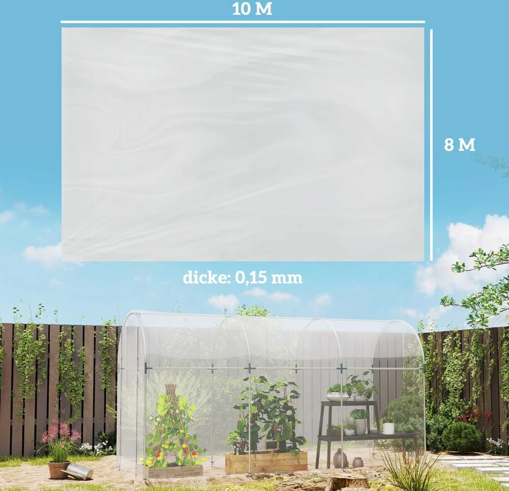 Outsunny šiltnamio plėvelė 8x10 m, vandeniui atspari sodo plėvelė su UV apsauga, ypač stora, plyšimui atspari plastikinė plėvelė, uždengimas šiltnamiui, tunelinei plėvelei, skaidri
