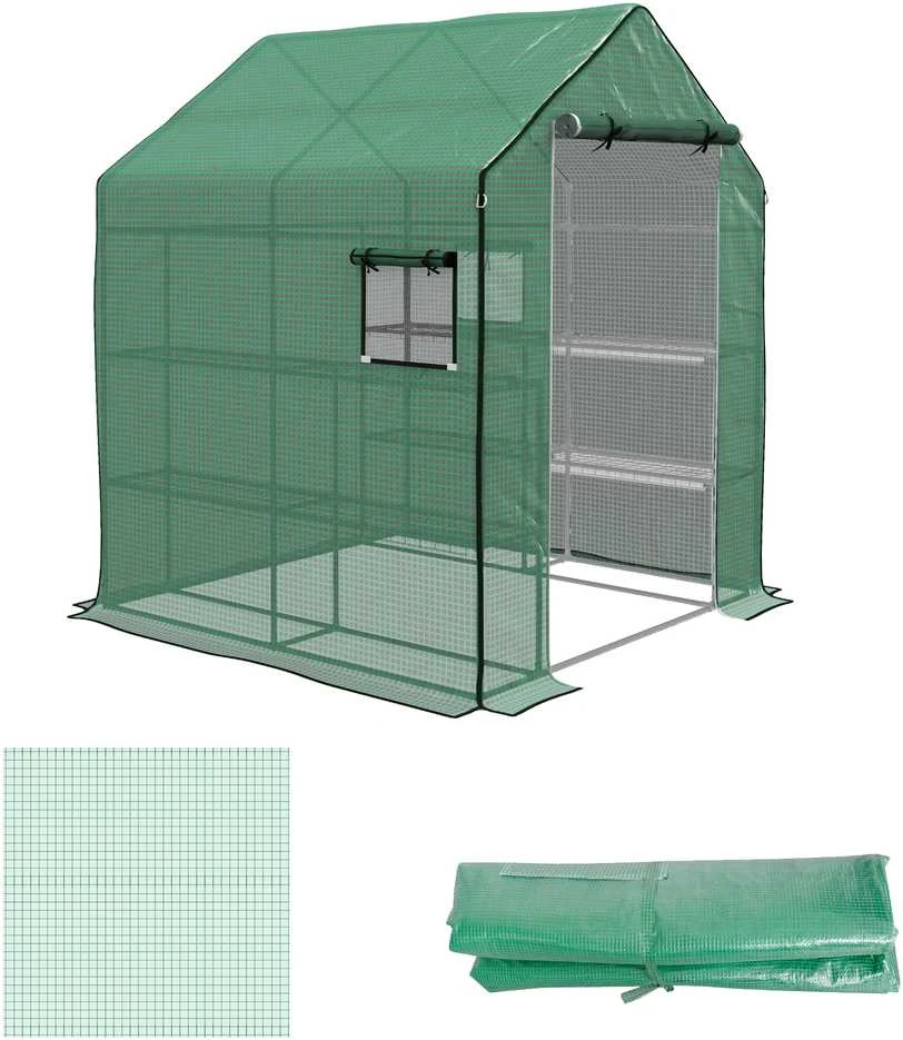 Outsunny pakaitinė šiltnamio plėvelė su UV apsauga, šoniniais langais, susukamos durys, atsarginis dangtis, PE plėvelė pomidorų šiltnamiui, žalia, 140 x 143 x 190 cm