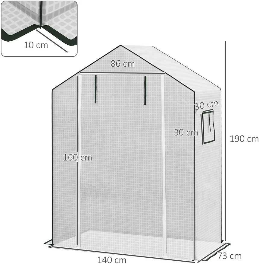 Outsunny atsarginė PE plėvelė, pakaitinis uždangalas su UV apsauga, susukamos durys, šoniniai langai, šiltnamio plėvelė, pomidorų nameliui, 140 x 73 x 190 cm, balta