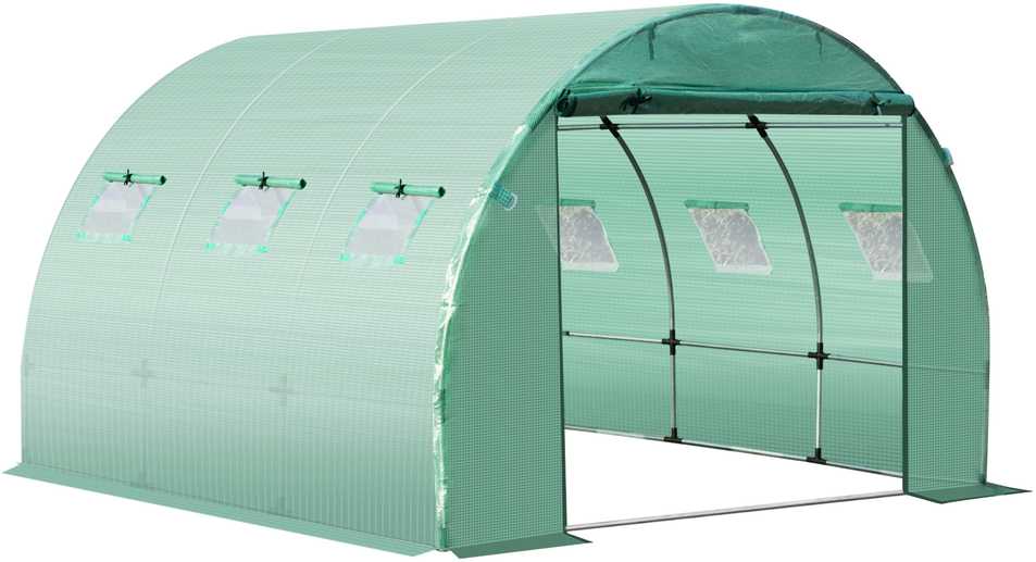 Outsunny atsarginė plėvelė sodo šiltnamiui tuneliui 9 m², plėvelės matmenys 3I x 3P x 2A m PE atspari UV spinduliams vandeniui nelaidi 6 langai + susukamos durys su užtrauktuku žalia
