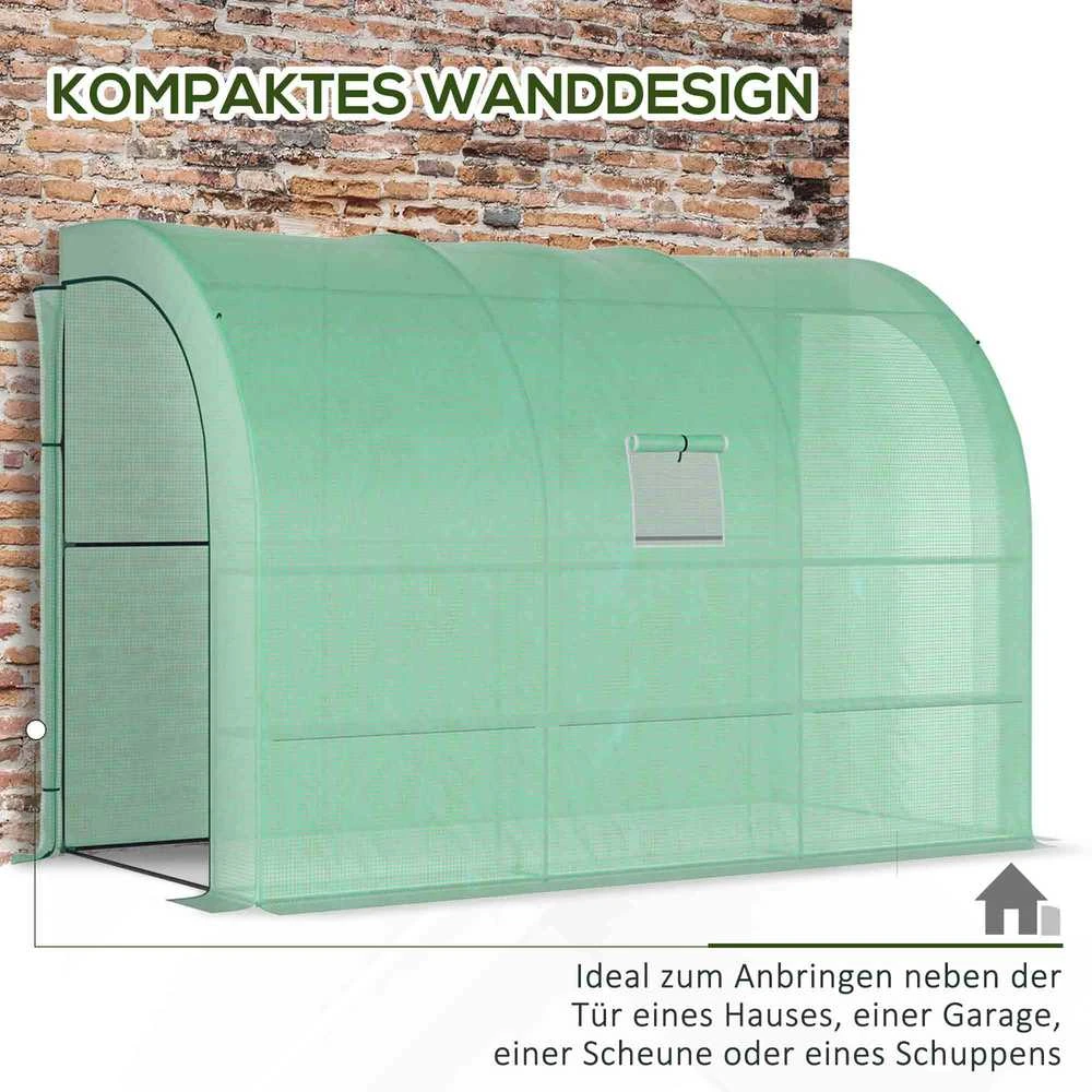 Outsunny šiltnamis su lentynomis ir langais, žiemojantis plėvelinis šiltnamis iš plieno, sieninis šiltnamis balkonui, sodui, pomidorų namelis 300x150x213cm daržovėms, gėlėms, augalams, žalias
