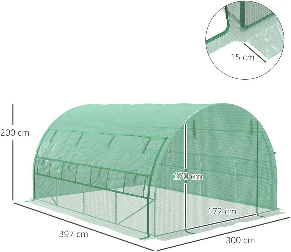 Outsunny polietileninis šiltnamis, tunelinis 3,97x3x2m, erdvus, apsauga nuo UV, pakeliamos dangos, plienas, žalias