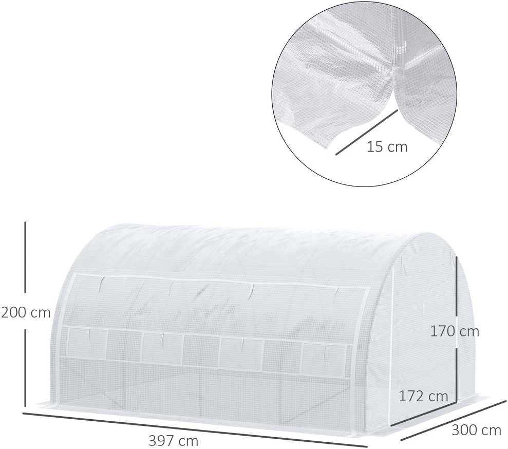 Outsunny plėvelinis šiltnamis su apsauga nuo UV spindulių, 3,97 x 3,02 x 2 m, pomidorų šiltnamis su šoninėmis durimis, vėjui atsparus tunelinis šiltnamis, plieno, baltas