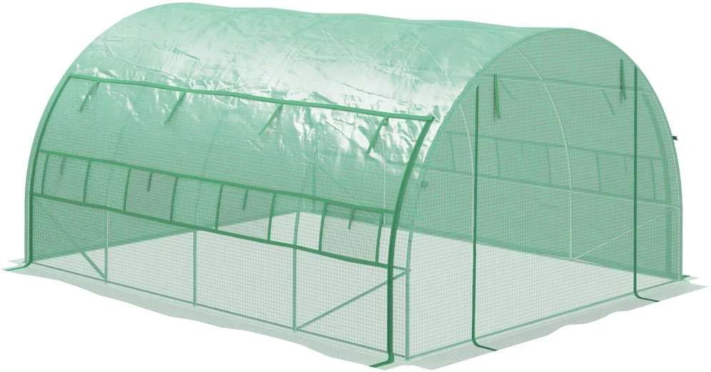 Outsunny polietileninis šiltnamis, tunelinis 3,97x3x2m, erdvus, apsauga nuo UV, pakeliamos dangos, plienas, žalias
