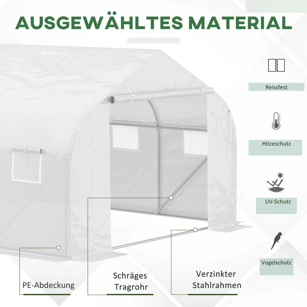 Outsunny plėvelinis šiltnamis 4,45x2,99x2,05m, apsauga nuo UV spindulių, pomidorų šiltnamis, tinklelio langai, atsparus vėjui, metalinis, baltas
