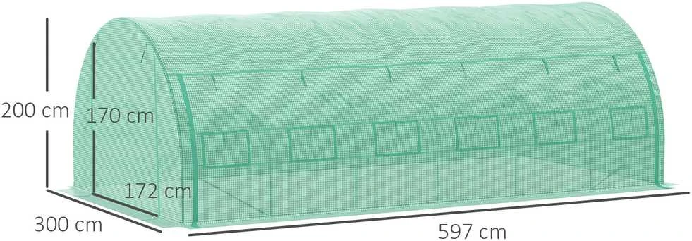Outsunny plėvelinis šiltnamis, polietileno tunelis, 6x3x2 m, erdvus, su UV apsauga, pakeliamais šonais, plieno rėmas, žalias