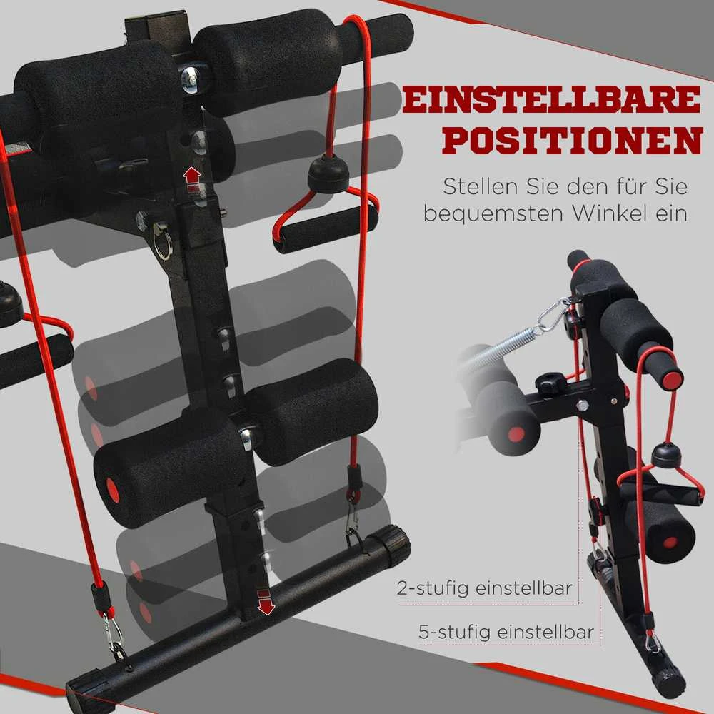 HOMCOM pilvo preso treniruoklis, treniruočių suoliukas, atsispaudimų suoliukas su pasipriešinimo gumomis, reguliuojamas, iki 120 kg, 37,5x55,5x50-68 cm
