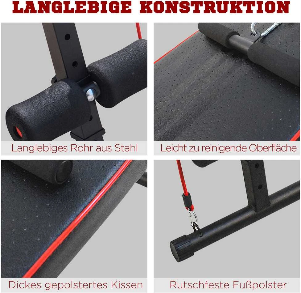 HOMCOM pilvo preso treniruoklis, treniruočių suoliukas, atsispaudimų suoliukas su pasipriešinimo gumomis, reguliuojamas, iki 120 kg, 37,5x55,5x50-68 cm