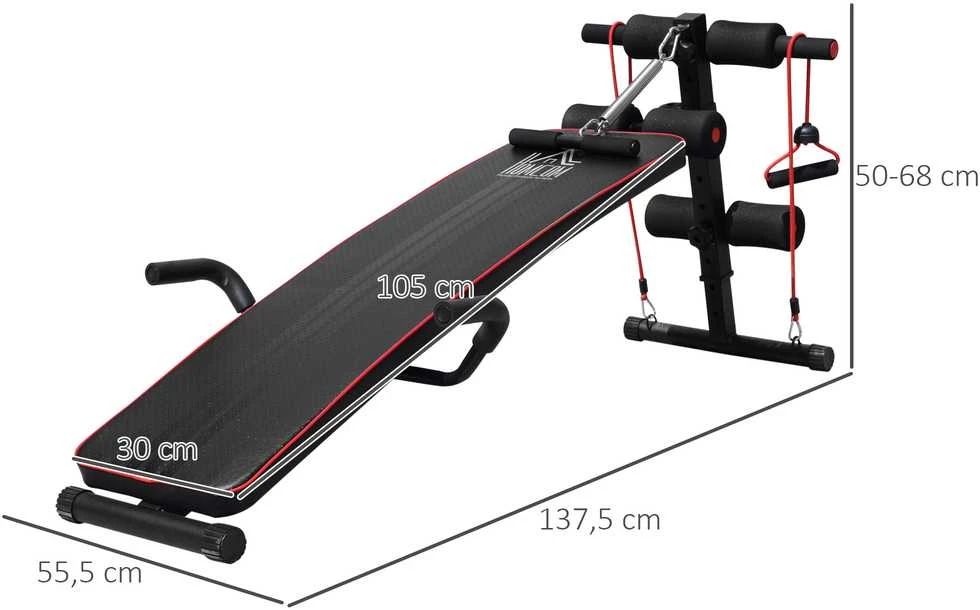 HOMCOM pilvo preso treniruoklis, treniruočių suoliukas, atsispaudimų suoliukas su pasipriešinimo gumomis, reguliuojamas, iki 120 kg, 37,5x55,5x50-68 cm