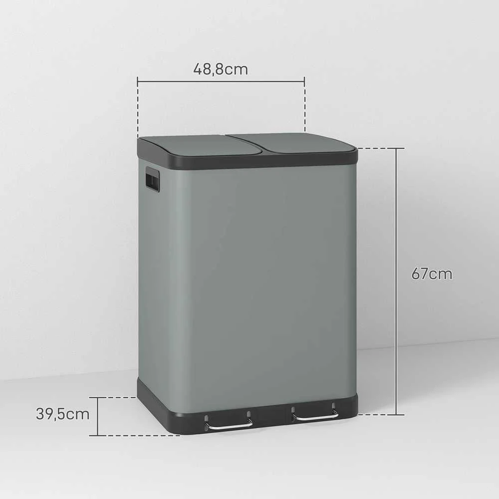 HOMCOM šiukšliadėžė 2 x 30 l, atidaroma pedalu, kosmetikos šiukšliadėžė, šiukšlių konteineris su dangčiu ir kojiniu pedalu, atliekų dėžė su vidiniu kibiru, svetainei, biurui, metalinė, 48,8 x 39,5 x 67 cm